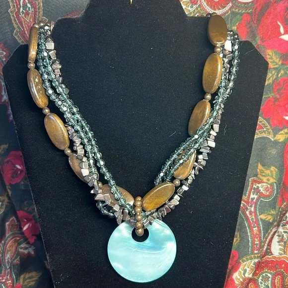 Hematite, Glass, Wood Multi-Strand Necklace Mother of Pearl Shell Pendant - Picture 1 of 6